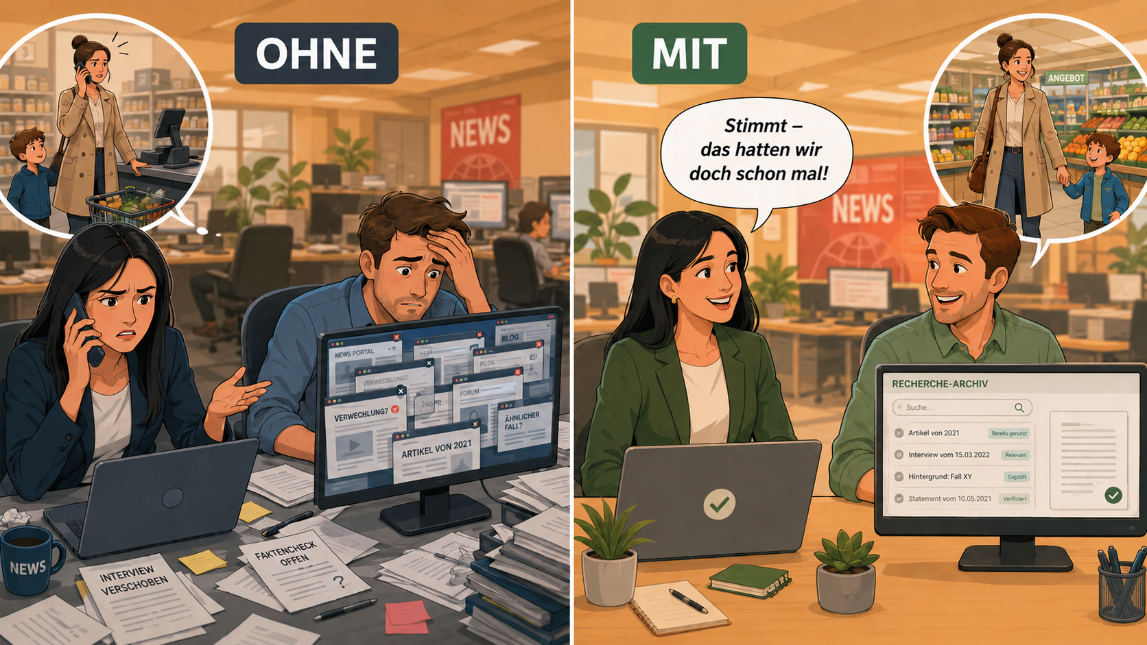 Vorher/Nachher: Journalist ohne und mit NWM – eigenes Archiv durchsuchbar